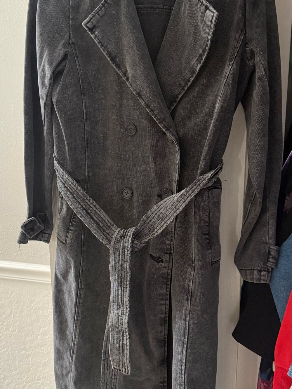 Stoosh Washed Black Double-Breasted Trench Coat with Self-Tie Belt